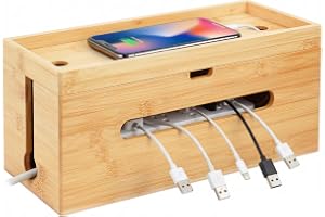 Relaxdays kabelbox i bambu, HBT: 16x34x13,5 cm, för 6-uttag, natur