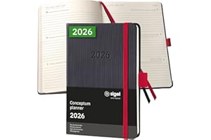 ‎SIGEL SIGEL C2609 Wochenplaner Wochenkalender 2026, ca. A6, schwarz, rot, Hardcover, 176 Seiten, Gummiband, Stiftschlaufe, Archivtasche, aus nachhaltigem Papier, Kalenderbuch Conceptum