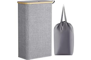 ‎LIFEWIT Lifewit 75 L slim kosz na pranie z pokrywką, wąski kosz na pranie z wyjmowaną torbą i bambusowymi uchwytami, składany kosz na brudne ubrania do sypialni, łazienki, akademika, pralni, Szary