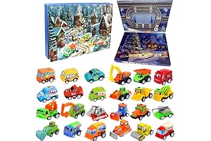 HENFUME Calendario Avvento 2025,Calendario Dell'Avvento,24 Pezzi Macchinine Giocattolo Auto E Camion Per Bambini E Ragazzi Set Di Gioco Per Veicoli Tirare Indietro Veicoli,24 Giorni,Conto Alla Rovescia