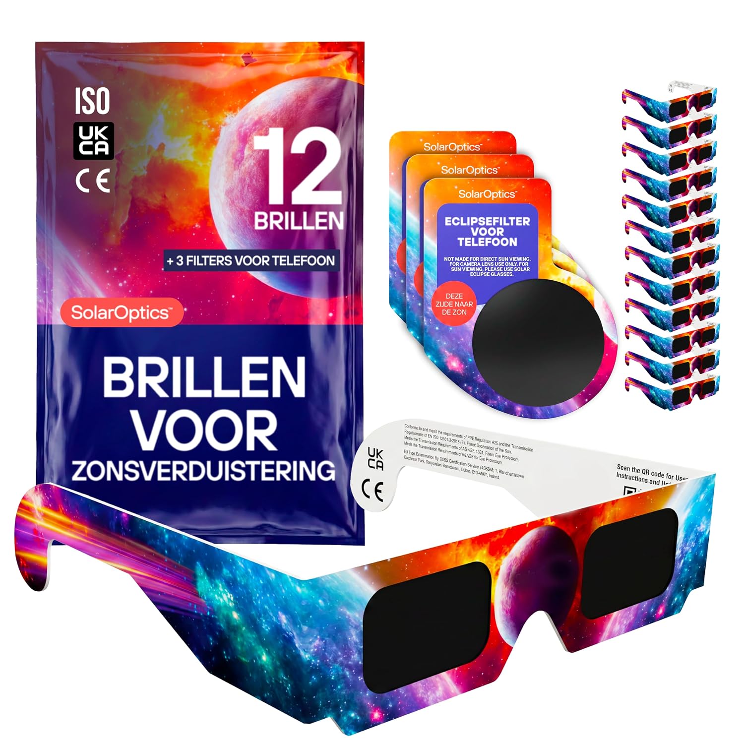 Zonsverduisteringsbrillen 12-pack met 3 smartphonefilters – ISO 12312-2 en CE-gecertificeerd, AAS 2026, complete set voor het observeren en fotograferen van de zonsverduistering