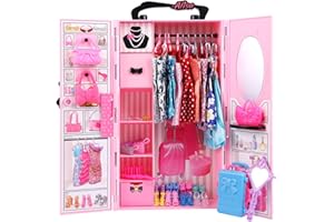 UCanaan Bambole Armadio Guardaroba Per Vestiti Per Bambole Ragazza 11,5 Pollici e Stoccaggio Accessori - Lotto 51 Articoli Tra Cui Baule,Abbigliamento Casual,Vestito,Costumi Bagno,Grucce,Scarpe,Borse