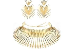 JeweBella 3PCS Collier National Africain Femmes Parure Ensemble Or Egypte Colliers Ras du Cou Boucles d'oreilles Bijoux Réglable Collier Déclaration African Bib Déclaration Colliers Bijoux