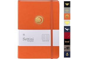 SETTINI Lined Journal - A5 Vegan Leather Notebook, 192 Archival-Quality Pages, QuillEase Bleed-Free Paper, Inner Pocket & Bookmark, Ideal for Journaling - Orange Sun Moon