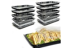TRAYA Pack of 10 Reusable Sandwich Platter Trays with lids - Reusable Plastic Catering Trays with Lids for Meal Prep, Cakes, Treats and Sandwiches (33.5cm x 24cm x 7cm)