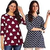 Pinkmint Women's Printed Cotton Blend Short Kurti with 3/4th Sleeve & Notch Neck l Casual & Office Wear Tunic Shirt Kurti