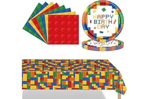 POPOYU 37 Pezzi Stoviglie in Carta per Feste di Blocco costitutivo,20xTovaglioli,16xPiatti Piani di Carta,137x274cm la Tavola per Decorazioni Bambini Blocco costitutivo Compleanno(16 Ospiti)