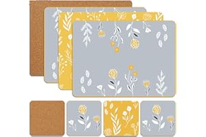 SiXsigma Sports Placemats & Coasters Set Heat Resistant Cork Placemats Table Mats For Dining Kitchen Place Mats Set of 8 - Ideal Table Christmas Decorations 21.5 x 29cm (Floral Yellow)