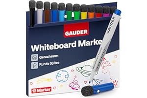 ‎GAUDER GAUDER Whiteboard Marker Set (12 Stück) | Whiteboard Stifte (12 Farben) | trocken und rückstandsfrei abwischbar | Dry Erase Marker mit Schwamm ideal für Whiteboards und Magnettafeln