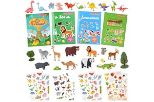 Vicloon Livre Gommettes Enfants de 3 Ans et Plus, Lot de 4 Livre d'autocollants Réutilisables, Livre d'autocollants de Voyage et Autocollants de Scènes, Inclut Thèmes Zoo/Océan/Dinosaure/Ferme