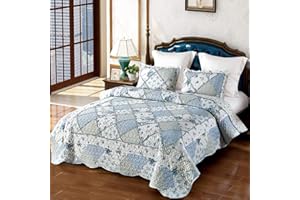 DECMAY Colcha Cama 150 Colchas Patchwork Azul 220x240 cm, Colcha con Diseño de Flores, Edredón con Volantes, Manta Multiusos para Sofá, Incluye 2 Fundas de Almohada 50x75 cm