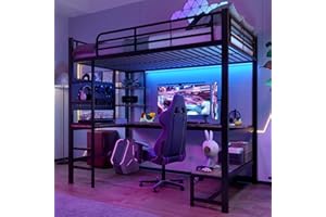 FQMOZY Etagenbett Hochbett 90x200 cm mit LED Leiste&USB Steckdose, Kinderbett Metallbett mit Schreibtisch&&mehrere Regalen&Lochbrett, Einzelbett Bettgestell mit Rausfallschutz&Leiter, Ohne Matratze, Schwarz
