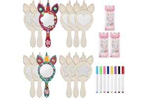 LCXCXY 12 Stück Einhorn Spiegel, Holz Einhorn Bastelset, Einhorns Basteln mit Aquarellpinseln,Kindergeburtstag Basteln.Handspiegel Kinder aus Holz geeignet als Bastelset Kindergeburtstag und Kinderzeichenset
