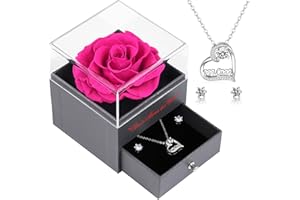 Veroola Konservierte Echte Rose mit Mom Halskette und Ohrringe, Beste Mama der Welt Ewige Rose Blumen Geschenke für Mama, Weihnachten Muttertag Valentinstag Geburtstag Mom Geschenke.Heißes Rosa