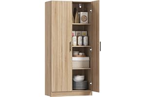 HOMCOM Credenza Cucina con Ante a Chiusura Ammortizzata, Dispensa Cucina con 2 Ripiani Regolabili, Mobile Dispensa per Soggiorno, Sala da Pranzo, Salotto, 75x40x165 cm, Color Legno