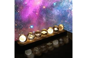 ‎BLYEMICHDI 7 Planet Glass Crystal Balls with LED Wooden Base, 3D Crystal Ball Night Light, 40 mm Glass Ball Healing Balls, Planet Model Crystal Ball Desk Decor, Astronomy Gift for Children (Warm Light)