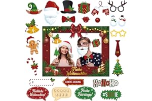 BETESSIN Fotobox Accessoires Weihnachten - inkl. Frohe Weihnachten Fotorahmen und 24 Foto Requisiten - Foto Booth Props für Weihnachtsdeko, Weihnachtsaccessoires und Weihnachtsfeier Deko