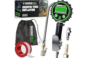 Rhino USA Digital Tyre Pressure Gauge with Inflation (0-1400 kPa) - Heavy Duty Air Nozzle, 5cm Display, Stainless Steel Hose & Brass Parts - For Car, Truck, Motorcycle, RV