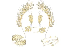 Kakonia 7 Pcs Déguisement de Déesse Grecque pour Femme Accessoires de Déesse Grecque Feuilles d'Or Perle Couronne Bandeau Haut du Bras Manchette Perle Feuille Boucle d'Oreille Épingles à Cheveux