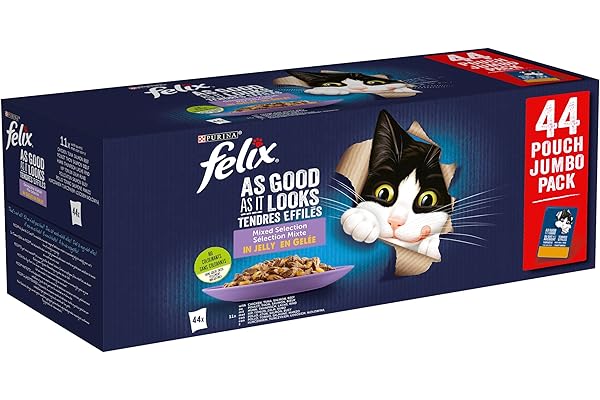 FELIX Fantastic, Comida Húmeda para Gato Adulto, Gelatina, Surtido de Buey, Pollo, Salmón y Atún, Pack de 44 Sobres de 85 g