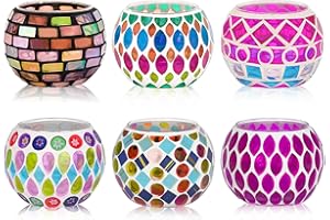 Toptime Tea Light Candle Holders, Set of 6 Mosaic Glass Candle Holder Coloured Tealight Holders, Romantic Votive Candle Holder Handmade Round Candle Holders for Party, Wedding, Christmas Day