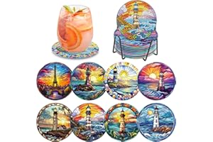 MOGTAA Peinture Diamant Dessous de Verre Phare, 8PCS Kit Diamond Painting Paysage, DIY sous-Verres Art de Diamant avec Support, Kits de Peinture Diamant pour Adulte Enfants