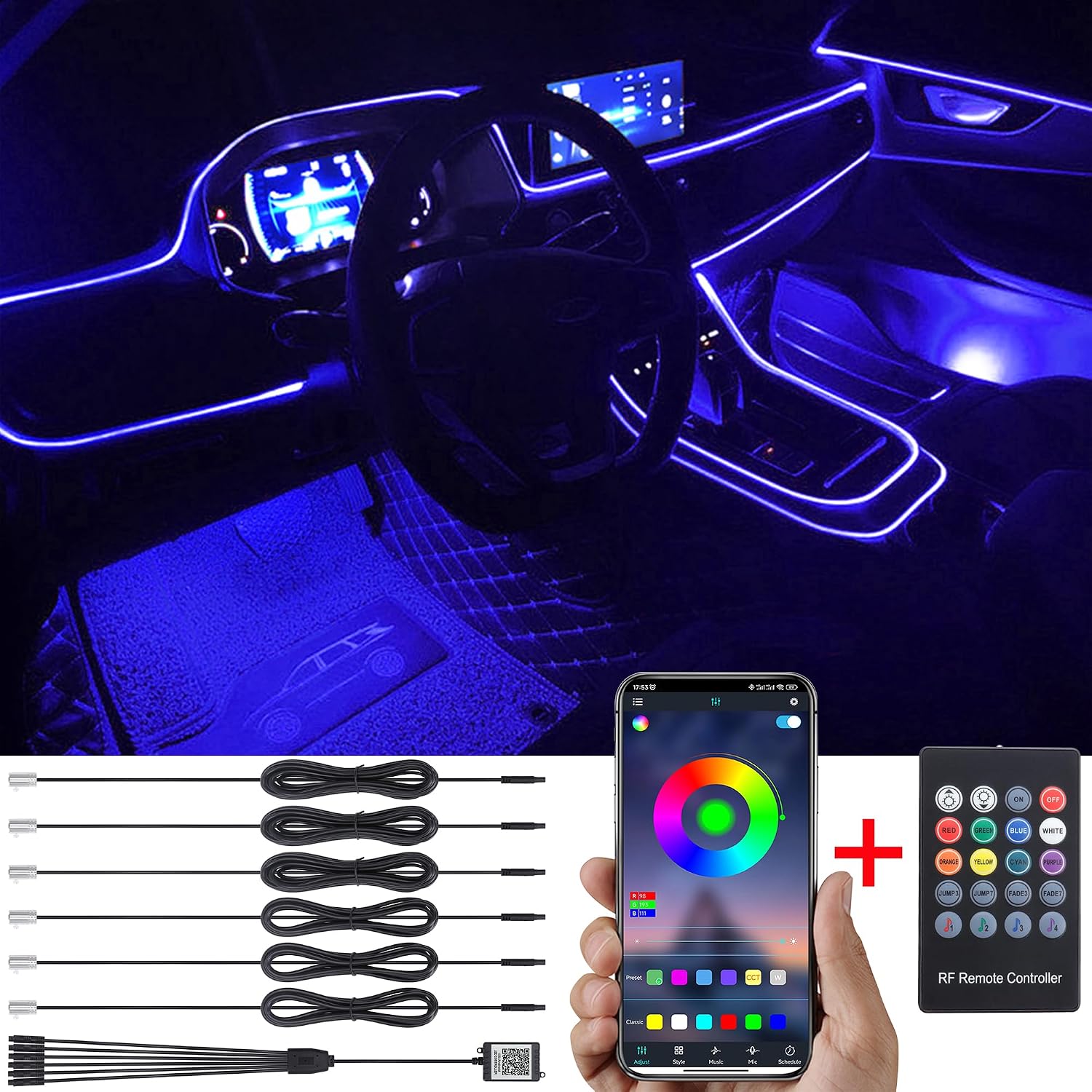 TABEN Luz Ambiental del Coche RGB Control Remoto + App Control Lámpara de luz Decorativa Montaje de Bricolaje Tubo de Fibra óptica Flexible 64 Colores Iluminación Interior Atmósfera Luz 1W DC 12V 8m