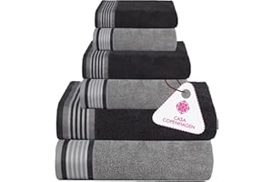Casa Copenhagen Juego de Toallas He & She de 6 Piezas, Gris Pino + Violeta Gris, 550 g/m², 2 baño, 2 Mano, 2 paños, diseñado en Dinamarca con algodón Egipcio para baño, Cocina y Ducha.