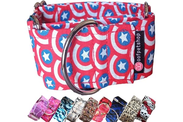 Woofpetshop® - Collar Martingale/Correa/Cinturon Seguridad para Perro Galgo Greyhound - Hecho a Mano en España Modelo (Shield America)
