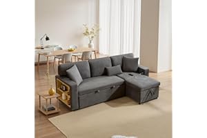 Wyibwy Divano angolare a L con porta USB e ripiano integrato,divano letto a 3 posti con letto estensibile, divano trasformabile con vano contenitore,tessuto oxford, per soggiorno,grigio scuro