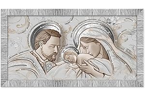 Lupia - Quadro Moderno The Kiss Ceramic Mix Sacra Famiglia GIOVY, Decorazione Glitter, Cornice Legno Striata Argento, Adatto per Camera da Letto, Soggiorno e Ufficio, 60x110 cm, Stampa su Legno