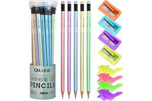 Draftor HB Pencils, 30pcs Pencils with Rubbers, Multicolor Wood HB Pencil Non-Slip, HB Pencils Set with 4 PCS Pencil Sharpener and 4 Pencil Grips for School Children Kids Writing Drawing
