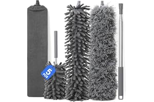 Bellzacasa 5 Stücke Staubwedel Teleskop Waschbar, Staubwischer Mikrofaser Edelstahl Teleskop Stange und Verbiegbare Eckbesen, Staubwedel Lang Ausziehbar Extra Lang Bis 254 cm, für Decken Spinnweben