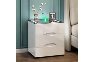Jehiatek White Bedside Table with Wireless Charging & USB Charging Station, Led Bedside Table with 3 Drawers, High Gloss Smart Nightstand Organizer for Bedroom Use