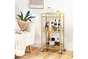 MAHANCRIS 3 Tier Bar Cart for Home, Kitchen Storage Island Serving Cart on Wheels, Tempered Glass Trolley, Rolling Beverage Cart for Bar, Dining Room, Gold ARCJ40B01