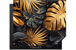 KitchenYeah© Protection Pour Plaque Induction 60x52 cm Deco Cuisine Protégé Cache De Cuisson Vitroceramique Feuilles - Or - Noir - Nature - 60x52 cm