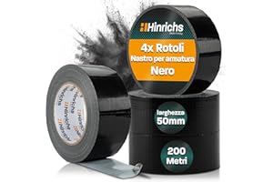 Hinrichs Nastro Adesivo Telato Nero – 4 Rotoli 50m x 50mm Gaffa – Extra Forte, Impermeabile e Larga per Uso Interno ed Esterno – Alternativa a Duct Tape, Nastro Americano e Black Gaffer Tape