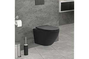 ECD Germany Inodoro Suspendido de Pared sin Descarga Diseño Cerámica Negro Mate WC con Asiento Extraíble de Duroplast Sanitario con Mecanismo de Cierre Suave Lavado de Corta Proyección 49 cm