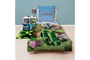 Character World Juego de cama reversible Minecraft de 135 x 200 cm + 80 x 80 cm, 100% algodón, diseño de bloques de TNT y pico de Battle, multicolor