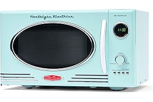 Nostalgia Four à micro-ondes rétro UKNRMO9AQ6A, 25 litres, 900 W avec 5 niveaux de puissance, 12 réglages de cuisson préprogrammés, plateau tournant, horloge numérique, couleur aqua
