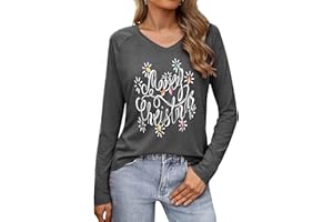 Terecey Merry Christmas Tops for Women UK Xmas Long Sleeve T Shirt V-Neck Casual Loose Ugly Shirt Holiday Vacation Clothes Funny Printed Tee for Ladies S-2XL