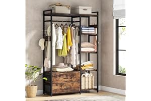 Tribesigns Organizer autoportante per armadio, appendiabiti con cassetti e ripiani, resistente, appendiabiti da appendere per camera da letto, marrone rustico
