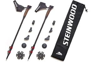 ‎STEINWOOD Steinwood Premium 100% Carbon Nordic Walking Stöcke verstellbar mit Teleskop und Klemmverschluss mit extra Gummipuffer und Tragebeutel, Mehrfarbig