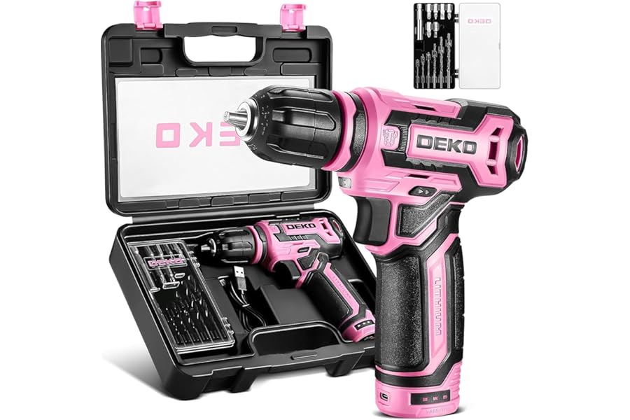Cordless Drill：DEKOPRO 12V Power Battery Drill Set with Small Electric Drills and 3/8-inch Keyless Chuck with Portable Tool Set Gift Box (Pink)