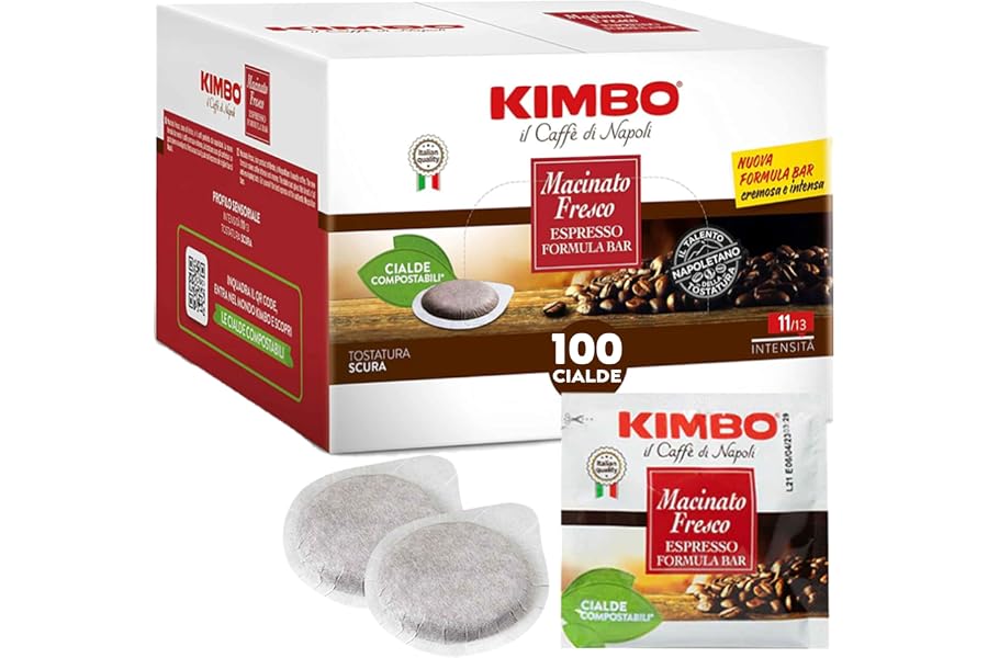Kimbo 100 Cialde Caffè Compostabili ESE, Macinato Fresco | 1 Confezione da 100 Cialde, Intensità 11/13, Tostatura Scura