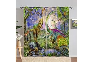 ANHOPE Dinosaur Curtains Eyelet Ring Top Thermal Insulated 80% Blackout Curtains with Jungle Animal Dino T-Rex Print Pattern Window Drapes for Kids Boys Girls Bedroom 46 x 72 Inch Drop 2 Panels