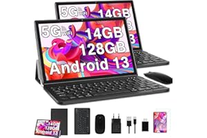 GOODTEL 2024 Newest Tablet 10 Pulgadas 14GB RAM + 128GB ROM (1TB TF), Android 13 5G + 2.4G WiFi, Octa-Cores 2.0Ghz, GPS, BT 5.0, 8MP + 5MP, Type C, OTG, Cast, Tablet PC con Funda, Teclado e Ratón - Negro