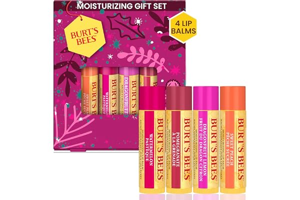 Burt's Bees Coffret cadeau, ensemble de baume à lèvres, pêche douce, pastèque, grenade et citron libellule, 4 x 4,25 g