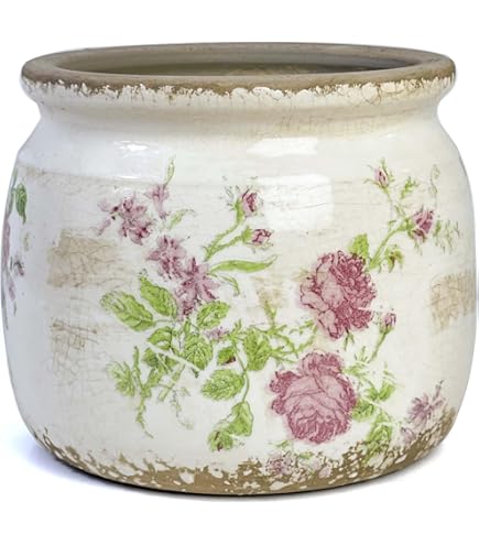 Ivyline Monza Übertopf Keramik - Vintage Blau Mit Blumenprint, 15,5cm