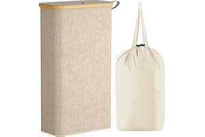 ‎LIFEWIT Lifewit 65 l Slim Hamper na pranie z pokrywką, wąski kosz na pranie ze zdejmowaną torbą, bambusowe uchwyty, beżowy